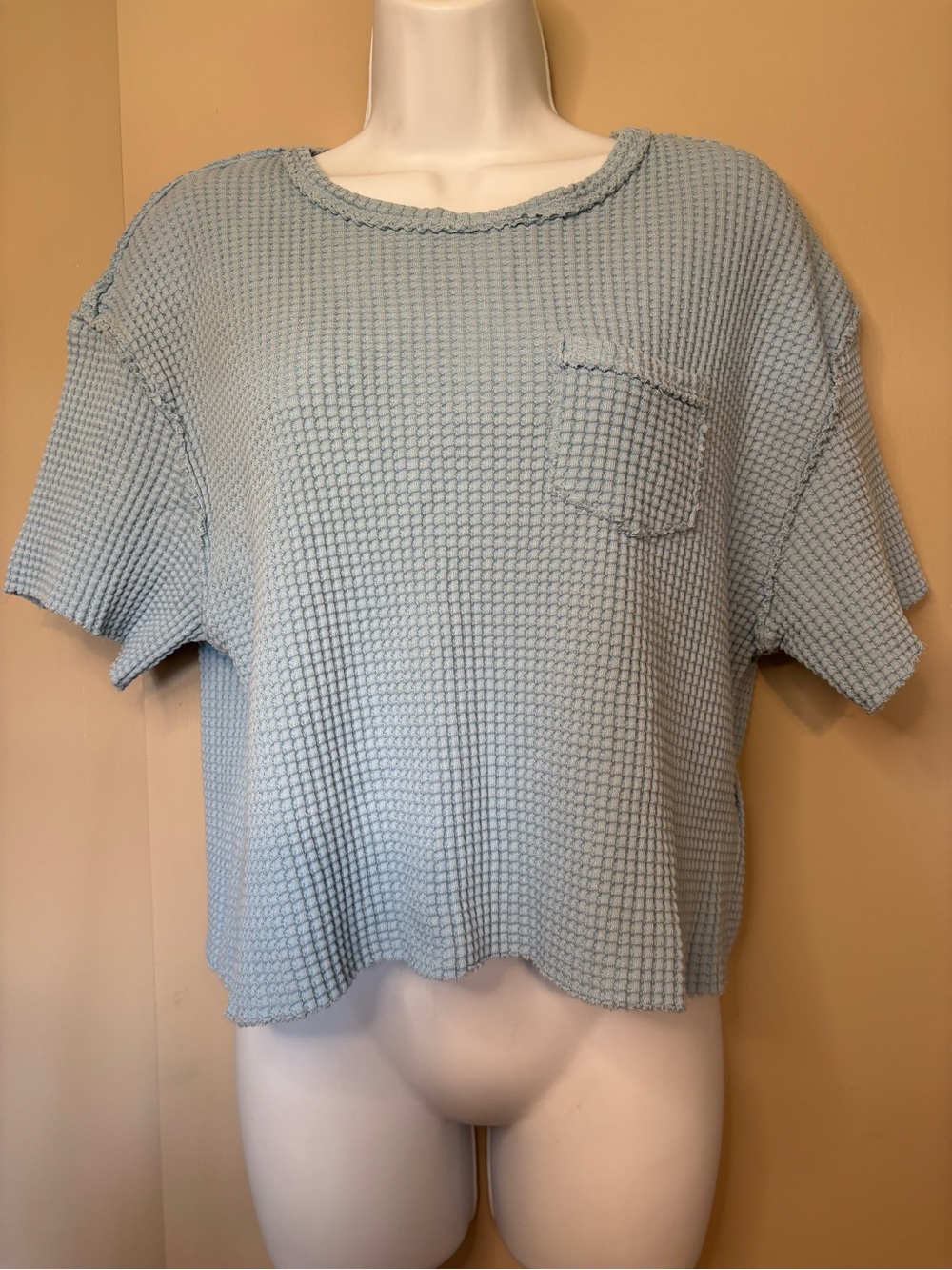 Pilcro Light Blue Waffle-Knit Short Sleeve Pocket Tee size XXS RUNS BIG